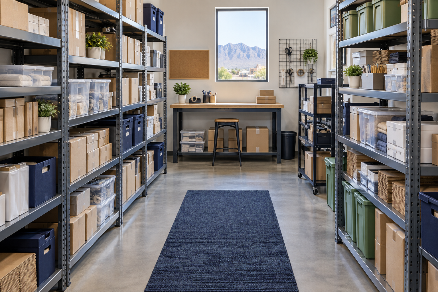 Illustrative example of an organized business stockroom with storage bins and a clear work area.