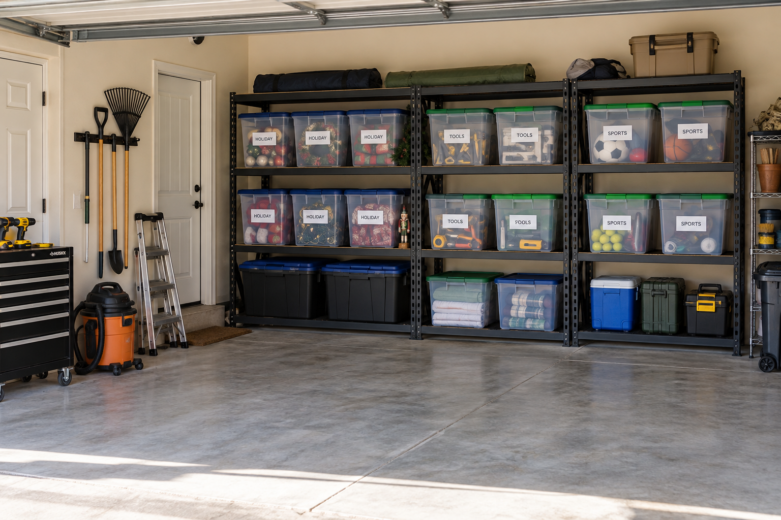Illustrative example of garage shelves with labeled totes and clear floor space.