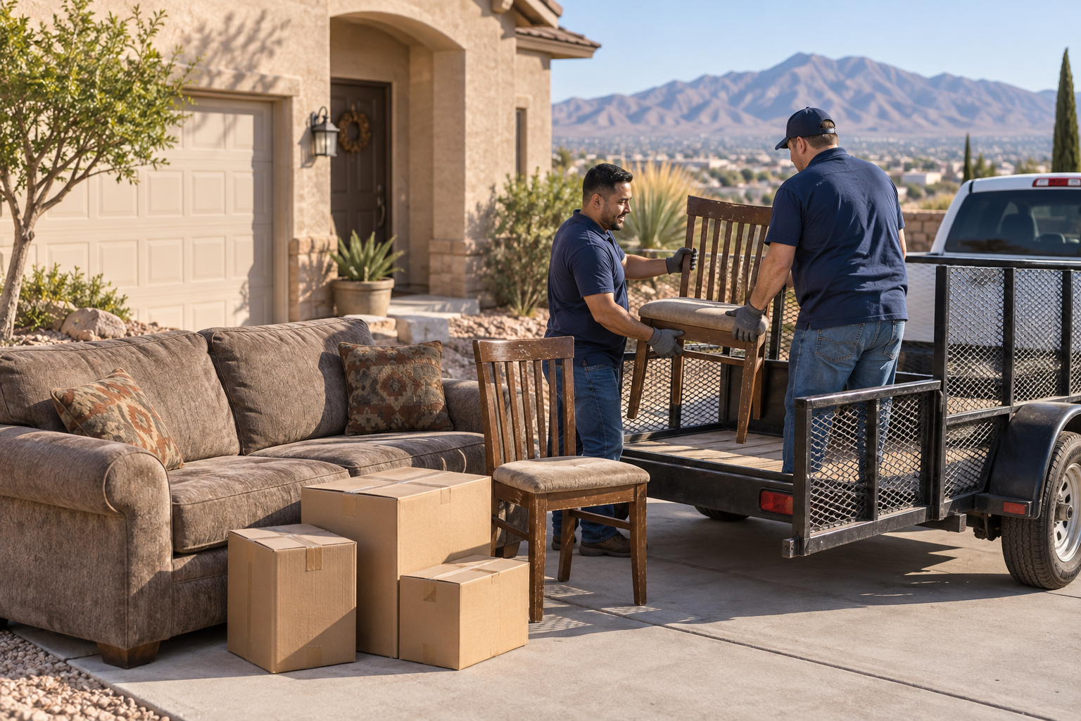 Illustrative example of workers loading unwanted furniture into a trailer, with a couch and boxes ready for pickup.