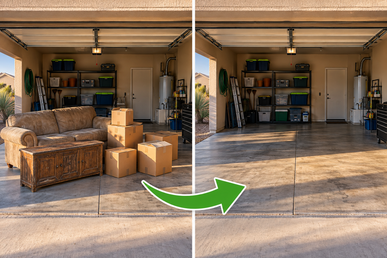 Illustration of a cluttered garage before a pickup and clear, usable space afterward.